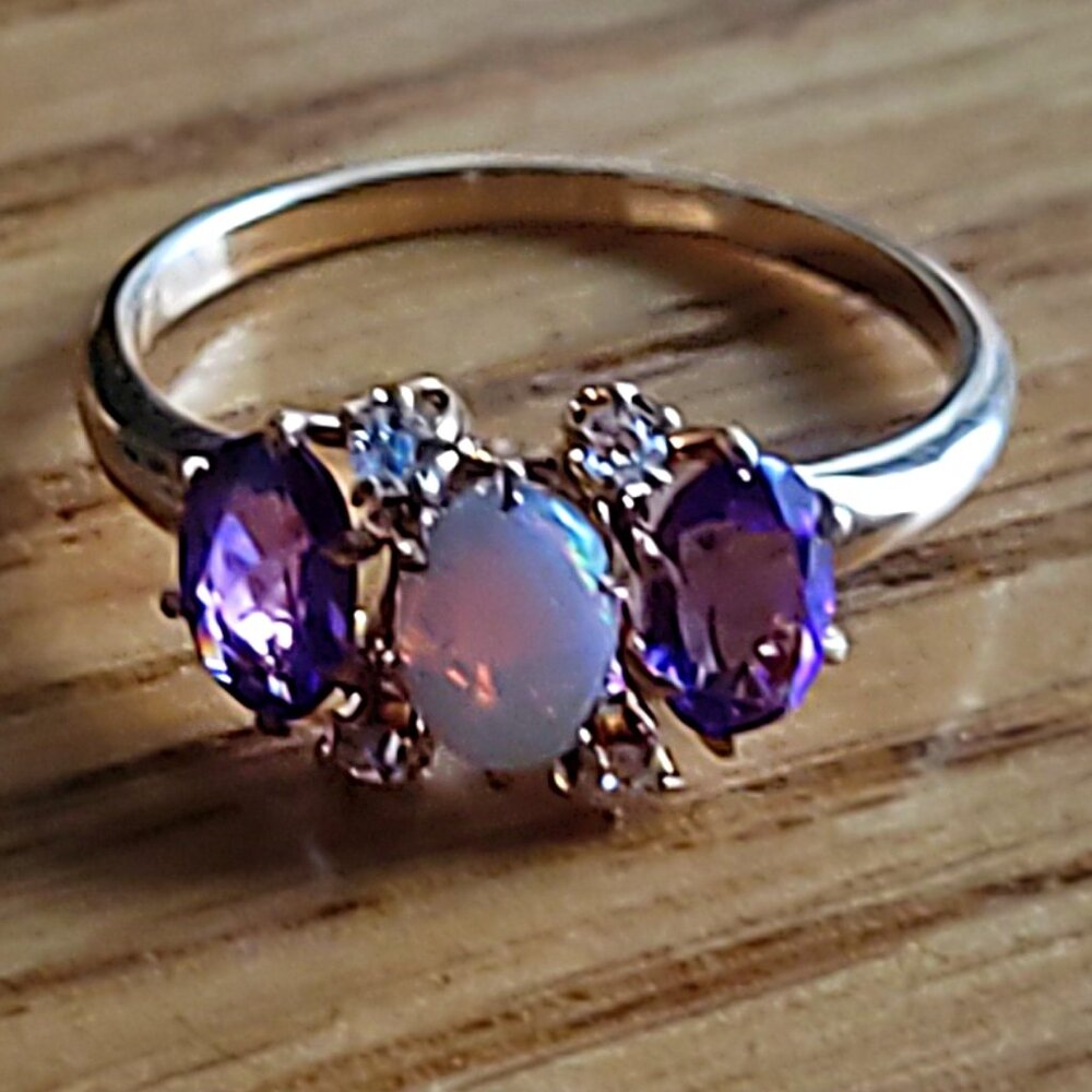 10K Gold Ring with Opel, Diamonds, and Amethyst Stones